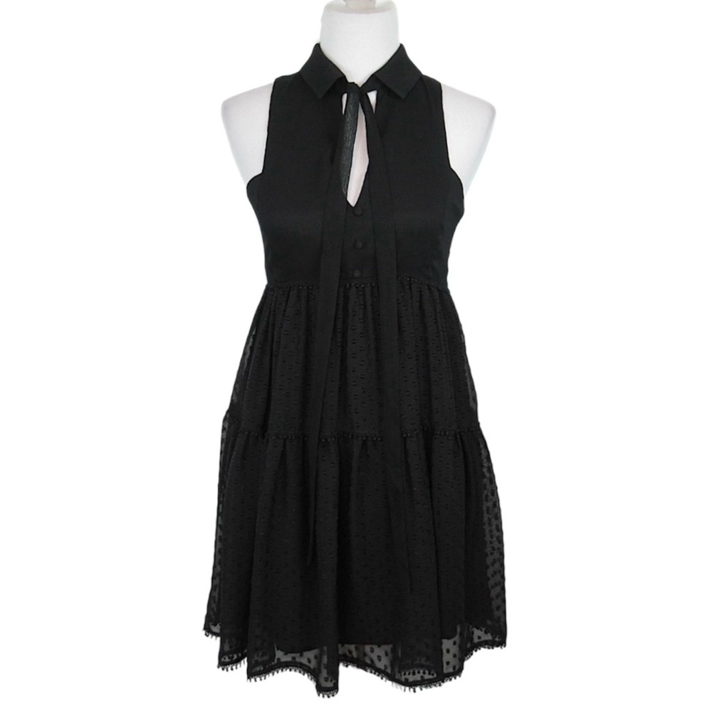 LIKELY Black Swiss Dot Tiered Babydoll Mini Dress Sleeveless Collared Size 4